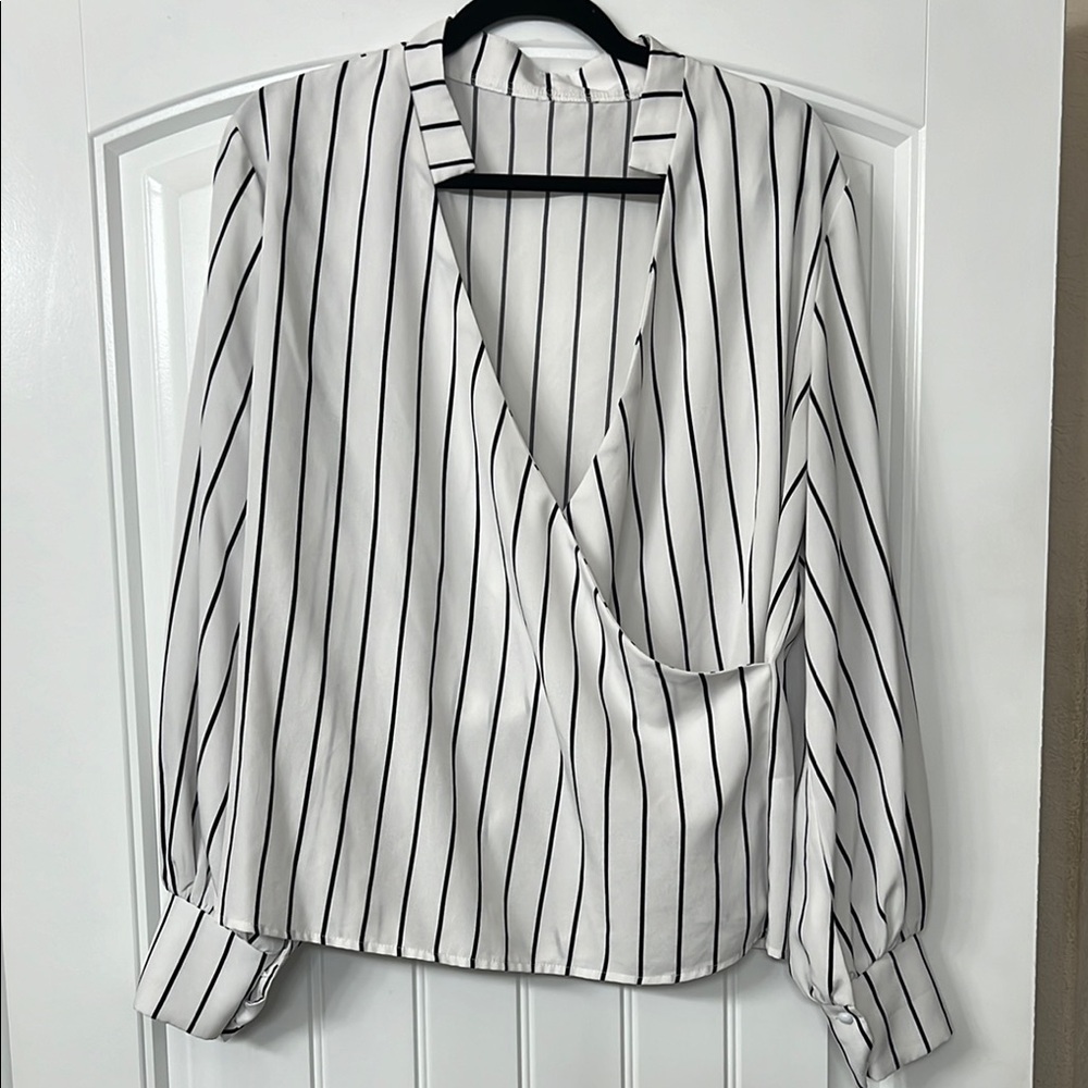 Black and White Asymmetrical Wrap Blouse